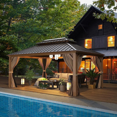 Tonnelle d'extérieur à toit rigide avec double toit en acier galvanisé et cadre en aluminium, pergola extérieure avec rideaux et filets haut de gamme