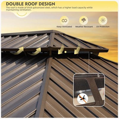 Tonnelle d'extérieur à toit rigide avec double toit en acier galvanisé et cadre en aluminium, pergola extérieure avec rideaux et filets haut de gamme