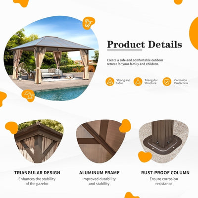 Tonnelle à toit rigide pour jardin – Pergola permanente avec filet, rideaux et double toit, abri extérieur toutes saisons
