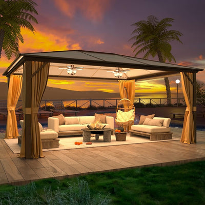 Tonnelle à toit rigide pour jardin – Pergola permanente avec filet, rideaux et double toit, abri extérieur toutes saisons