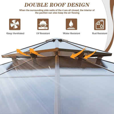 Tonnelle à toit rigide pour jardin – Pergola permanente avec filet, rideaux et double toit, abri extérieur toutes saisons