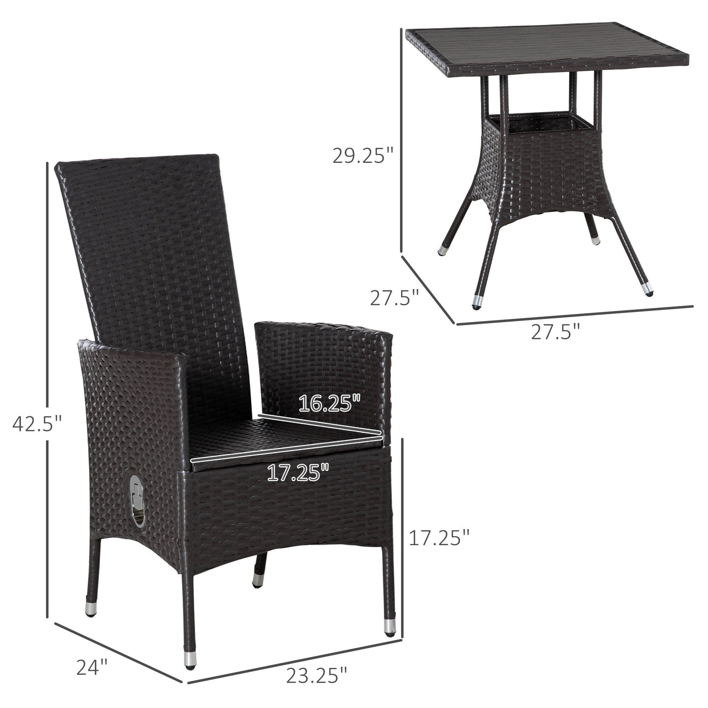 Ensemble de 3 canapés de patio Outsunny en rotin synthétique, chaises inclinables d'extérieur, table basse avec plateau en plastique grain de bois