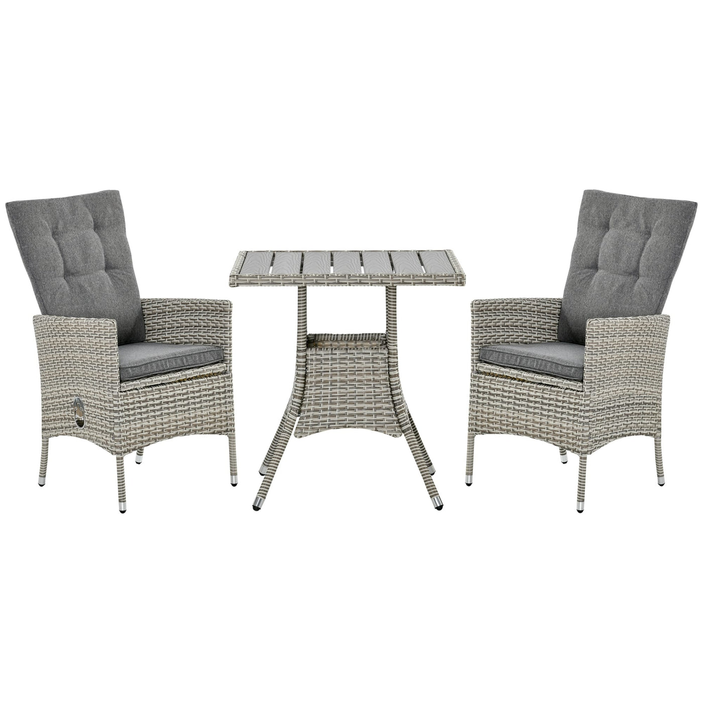 Ensemble de 3 canapés de patio Outsunny en rotin synthétique, chaises inclinables d'extérieur, table basse avec plateau en plastique grain de bois