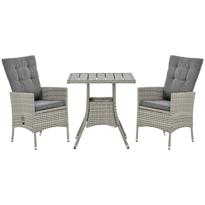Ensemble de 3 canapés de patio Outsunny en rotin synthétique, chaises inclinables d'extérieur, table basse avec plateau en plastique grain de bois