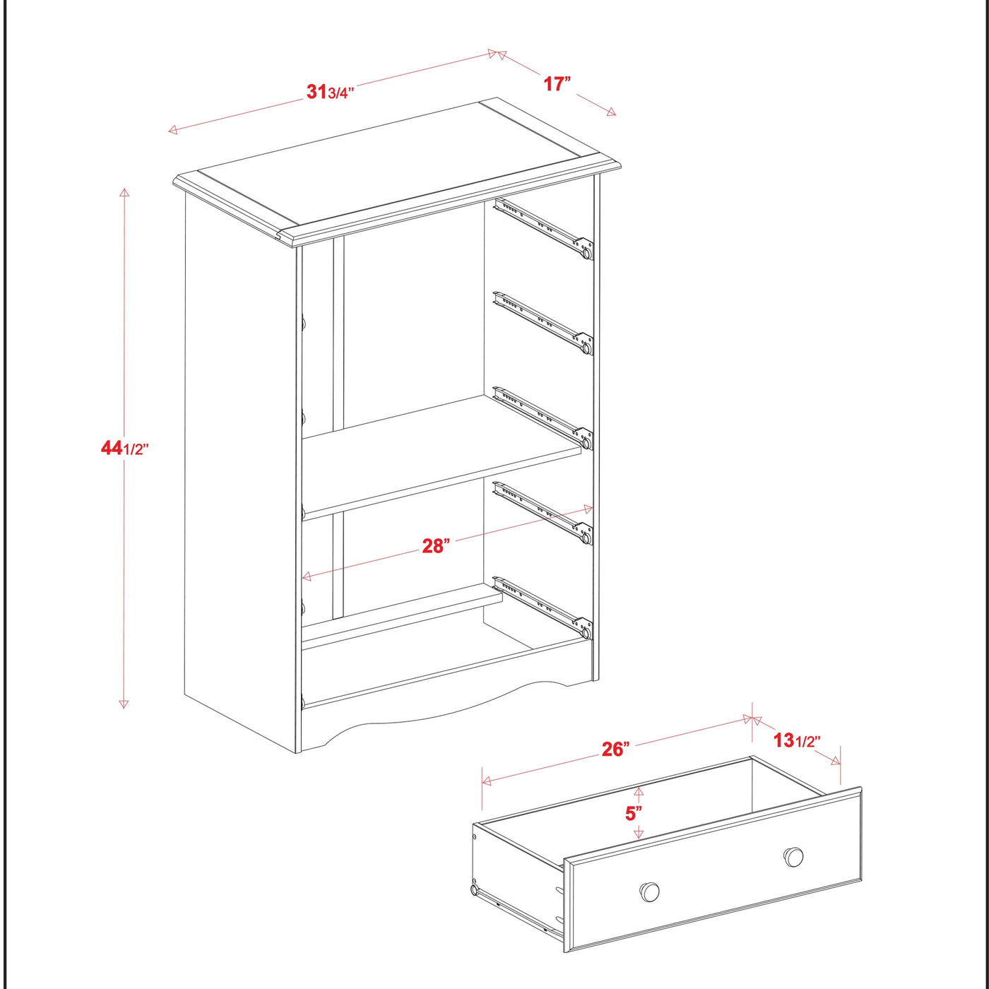 Commode 5 tiroirs 100 % bois massif avec boutons en métal ou en bois de Palace Imports