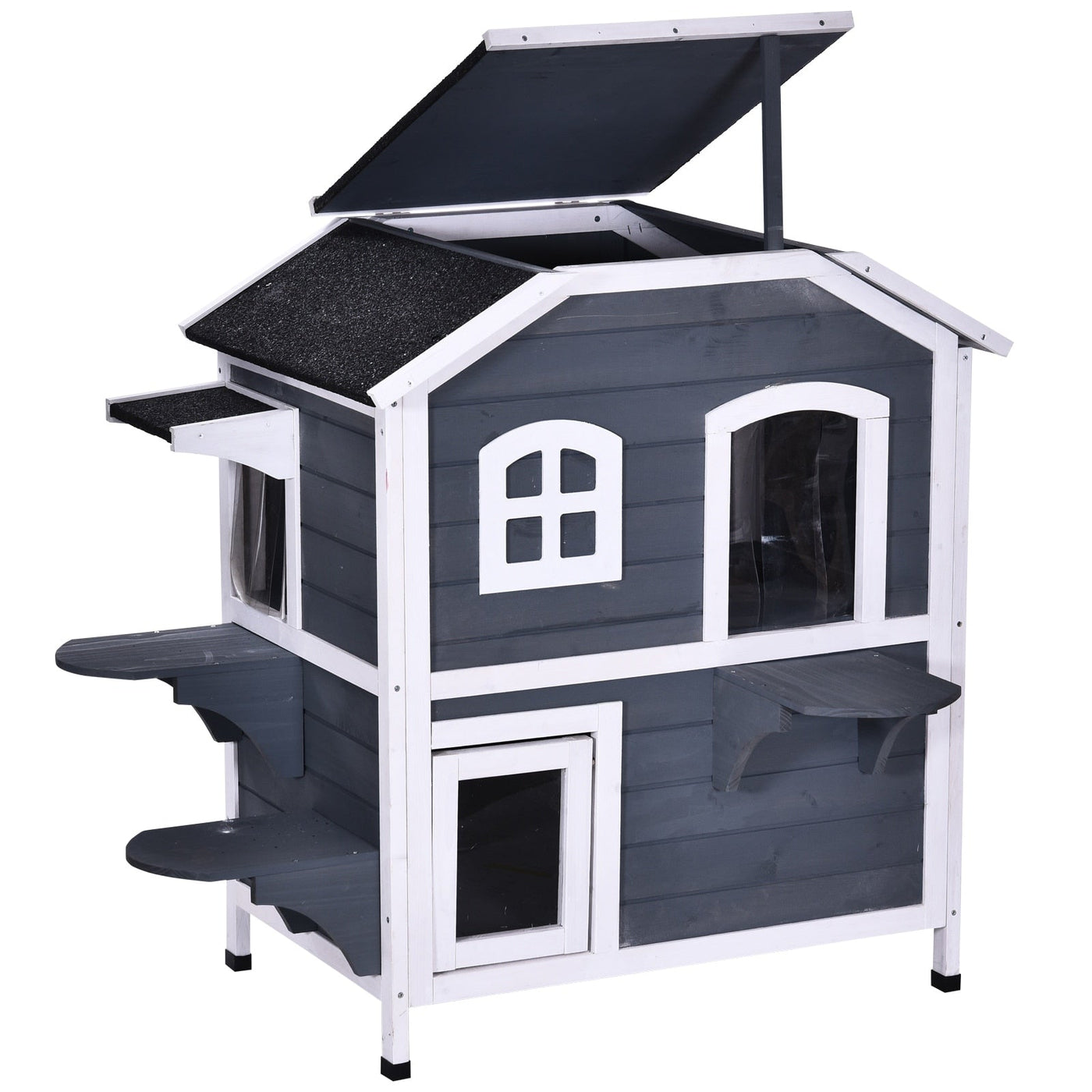 Maison pour chat d'extérieur PawHut en bois de sapin à deux étages, abri pour chats sauvages en bois avec toit en asphalte ouvrable pour intérieur/extérieur, blanc/gris