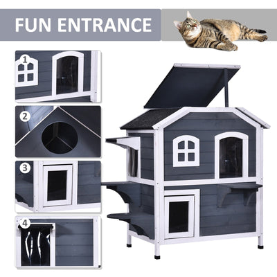 Maison pour chat d'extérieur PawHut en bois de sapin à deux étages, abri pour chats sauvages en bois avec toit en asphalte ouvrable pour intérieur/extérieur, blanc/gris