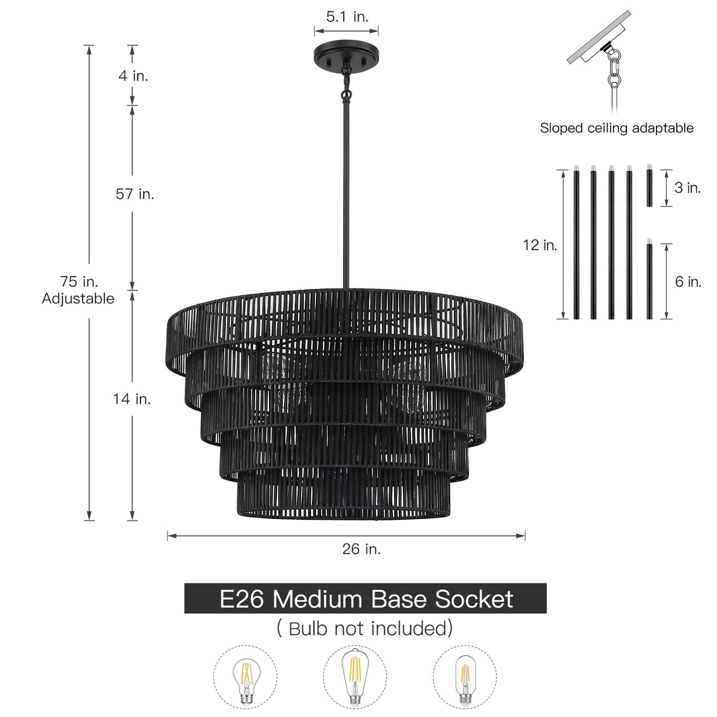 Lustre bohème moderne Piersan à 5 lumières avec abat-jour en rotin à plusieurs niveaux - 26 po de largeur