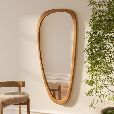 Miroir mural asymétrique en forme de pavé avec cadre en pin
