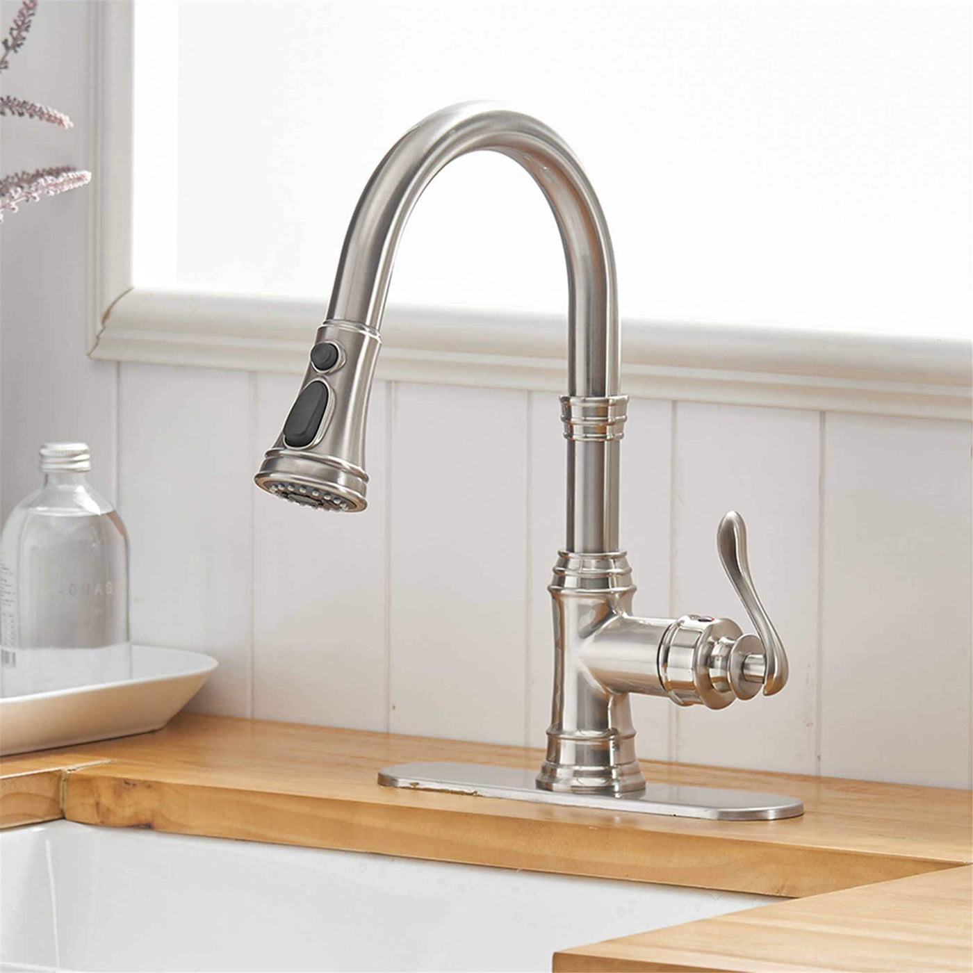 Robinet de cuisine à tirette, poignée unique, robinet d'évier de cuisine moderne à un trou avec douchette extractible, robinet de lavabo avec plaque de pont