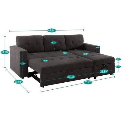 Canapé sectionnel convertible réversible avec lit gigogne, méridienne avec rangement dissimulé et pieds robustes