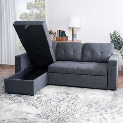 Canapé sectionnel convertible réversible avec lit gigogne, méridienne avec rangement dissimulé et pieds robustes