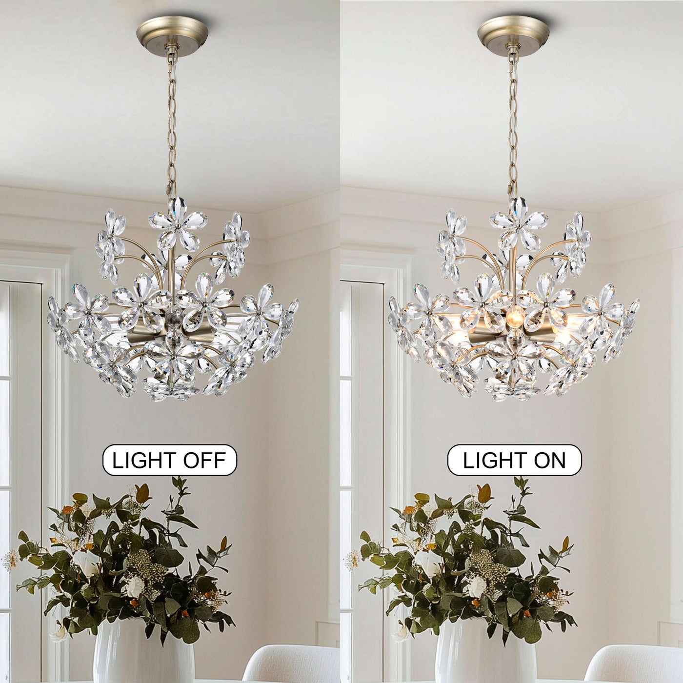Lustre Rosa à 6 lumières en cristal argenté brossé avec motif de fleurs champagne