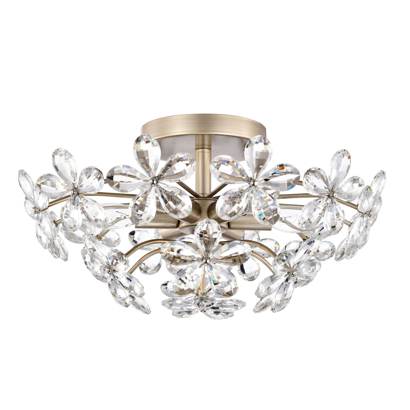 Plafonnier Rosa à 6 lumières en cristal argenté brossé avec fleur de champagne - 17,7 pouces de diamètre x 8,7 pouces de hauteur
