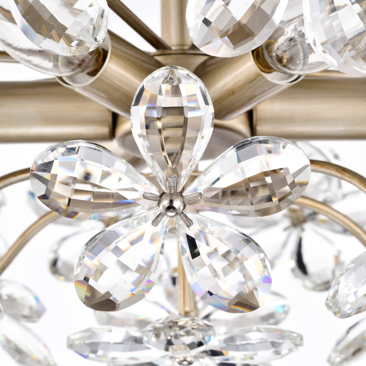 Plafonnier Rosa à 6 lumières en cristal argenté brossé avec fleur de champagne - 17,7 pouces de diamètre x 8,7 pouces de hauteur