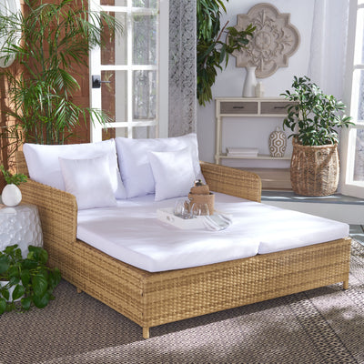 Lit de repos d'extérieur SAFAVIEH Taniyah en osier avec oreiller et coussins - 53 L x 28 P x 62 H
