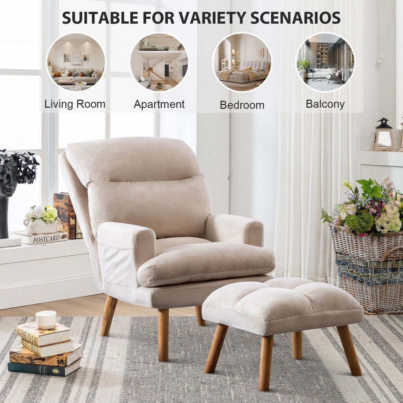 Fauteuil de salon décontracté en tissu doux avec dossier et pieds réglables
