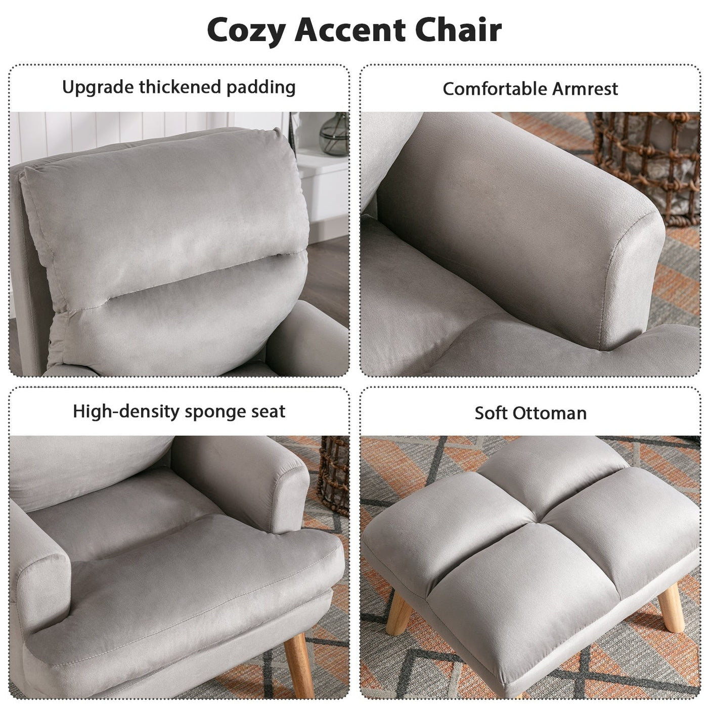 Fauteuil de salon décontracté en tissu doux avec dossier et pieds réglables