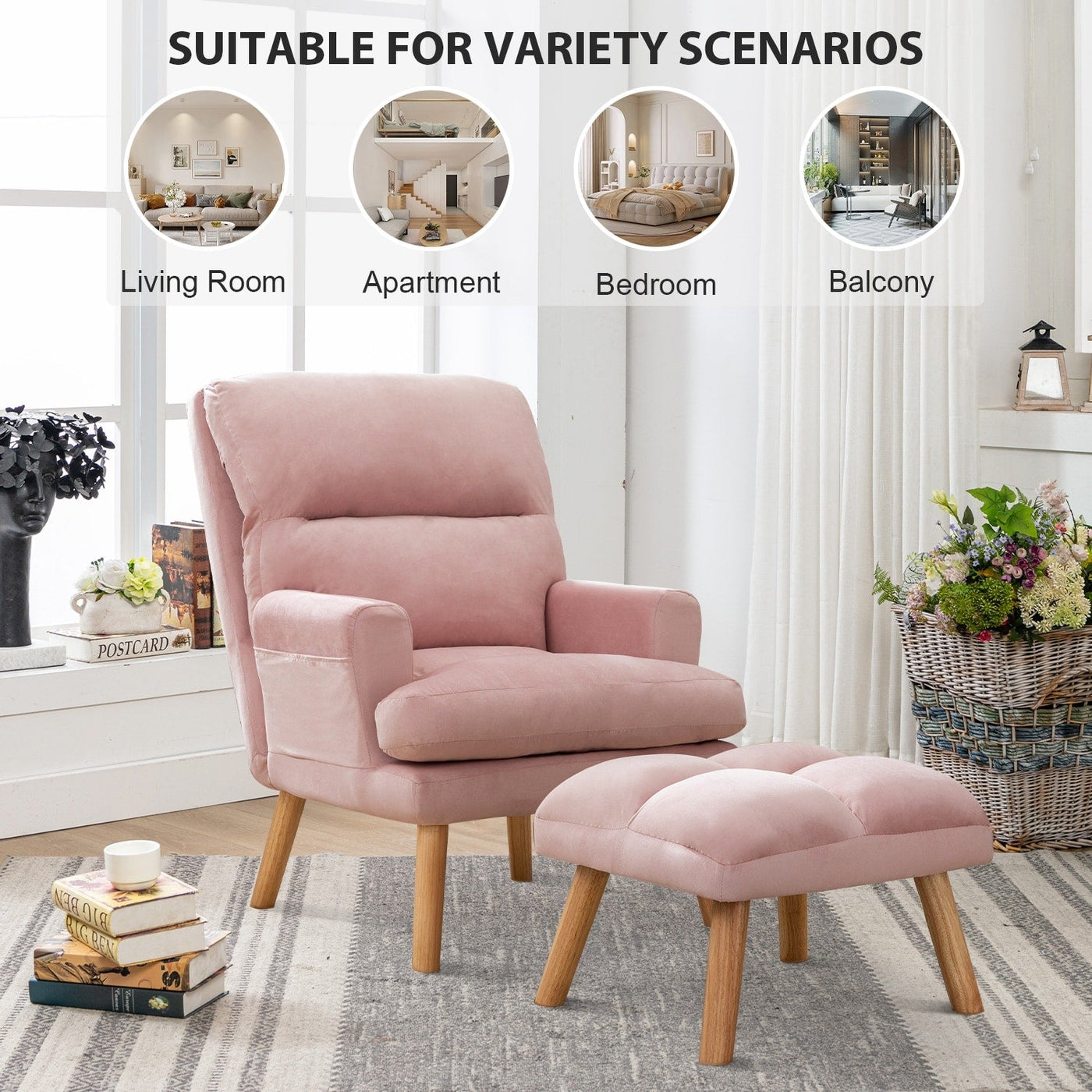 Fauteuil de salon décontracté en tissu doux avec dossier et pieds réglables