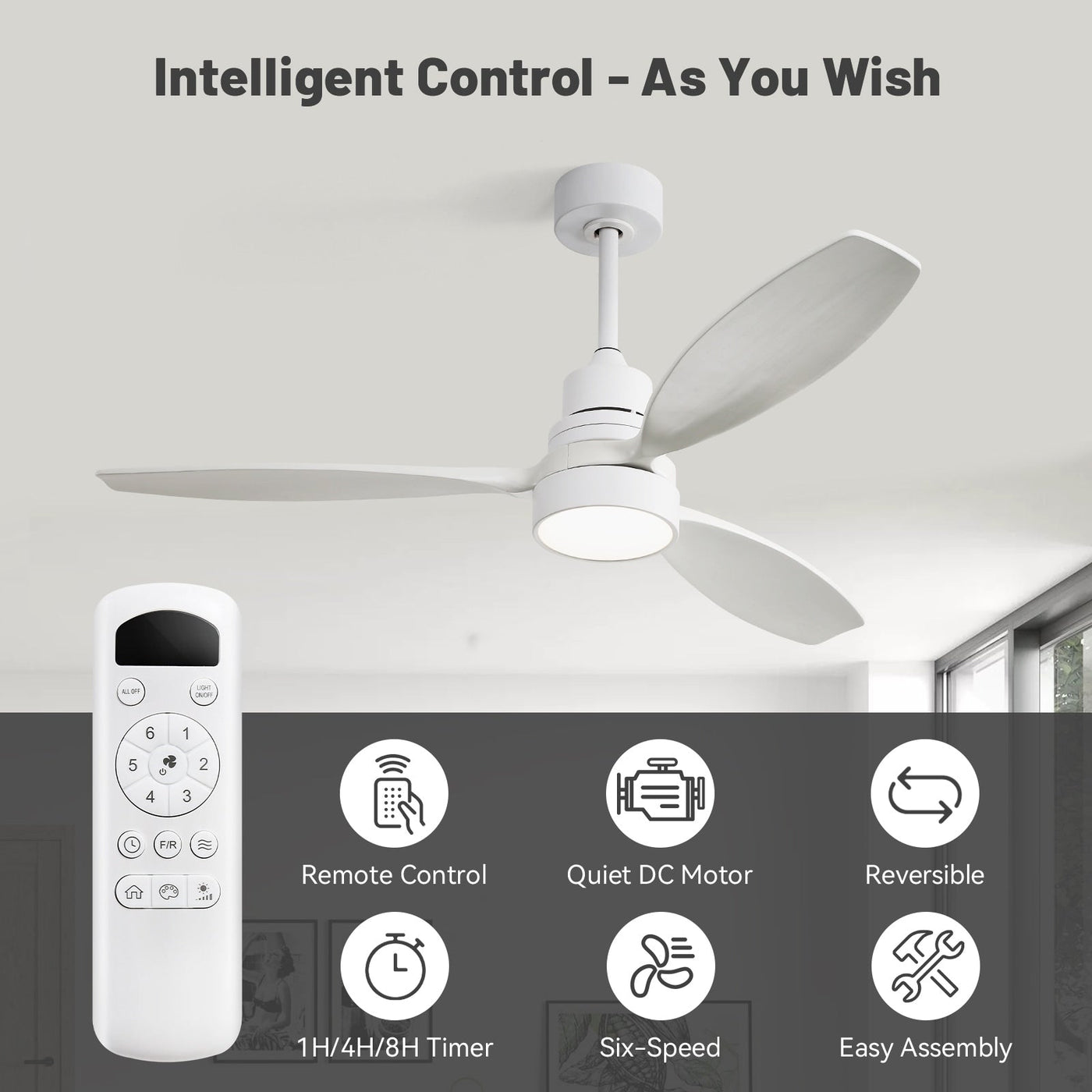 Ventilateur de plafond d'intérieur en bois Sofucor 52 avec télécommande et éclairage intégré en option