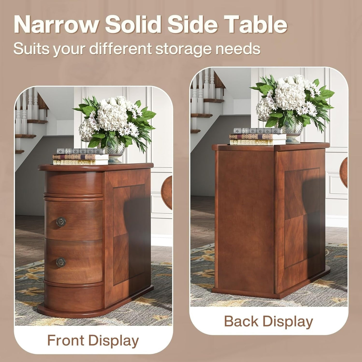 Table d'appoint étroite à deux tiroirs en bois massif