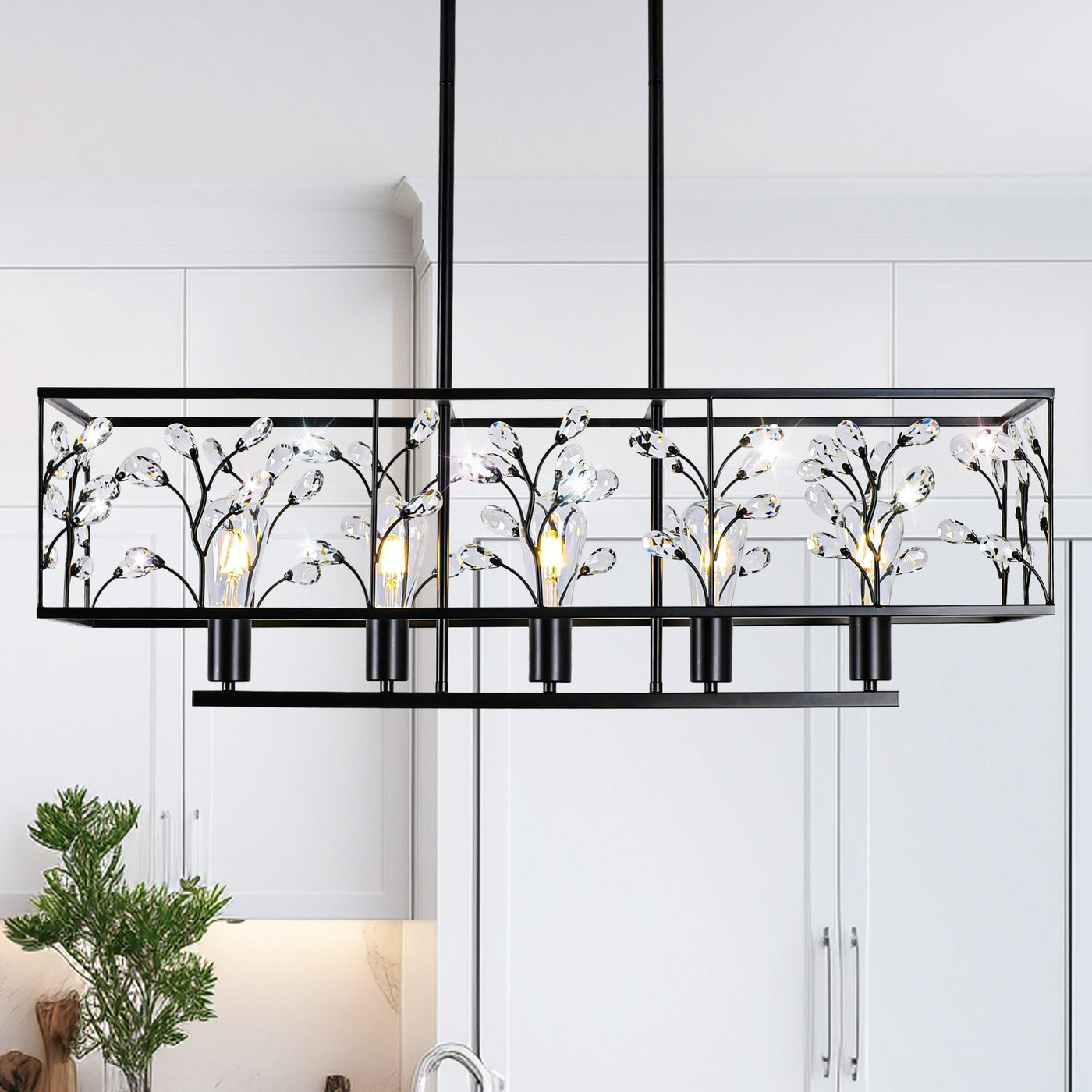 Lustre linéaire rectangulaire en cristal Starsky Farmhouse à 5 lumières pour salle à manger, certifié UL