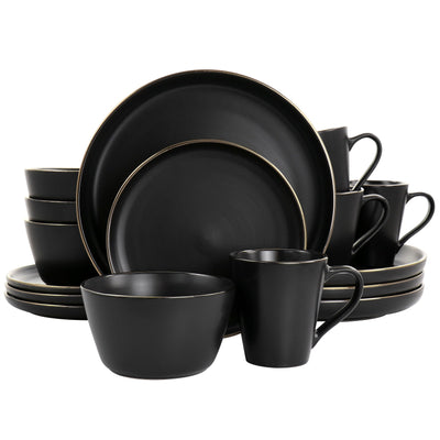 Service de table 16 pièces en grès noir avec bordure dorée