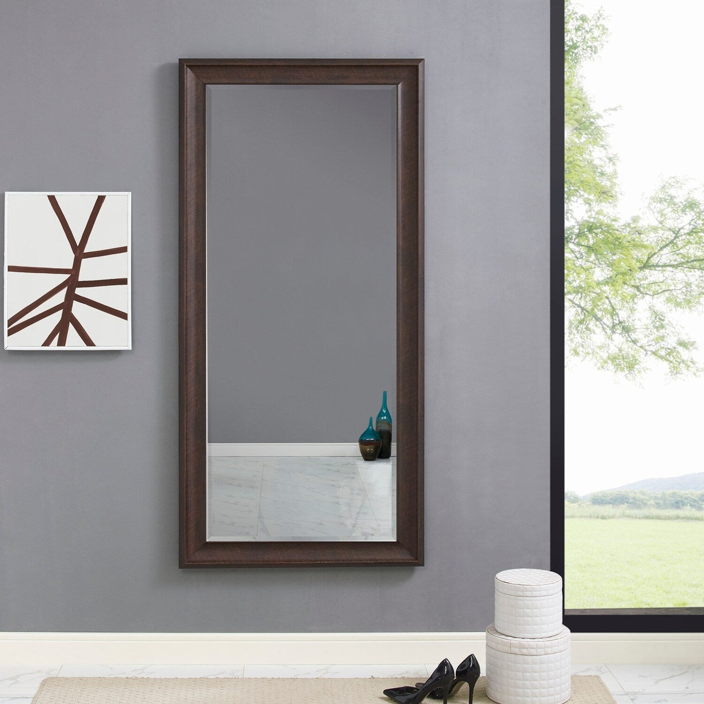 Grand miroir sur toute la surface, miroir surdimensionné, cadre en imitation bois lisse, miroir rectangulaire à suspendre au mur