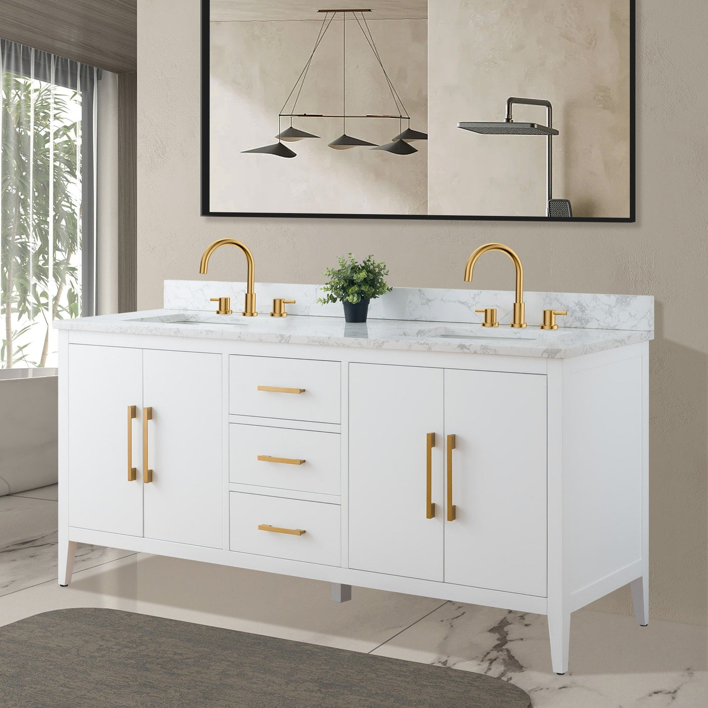 Meuble-lavabo double vasque Vanity Art 72 avec plateau en marbre reconstitué