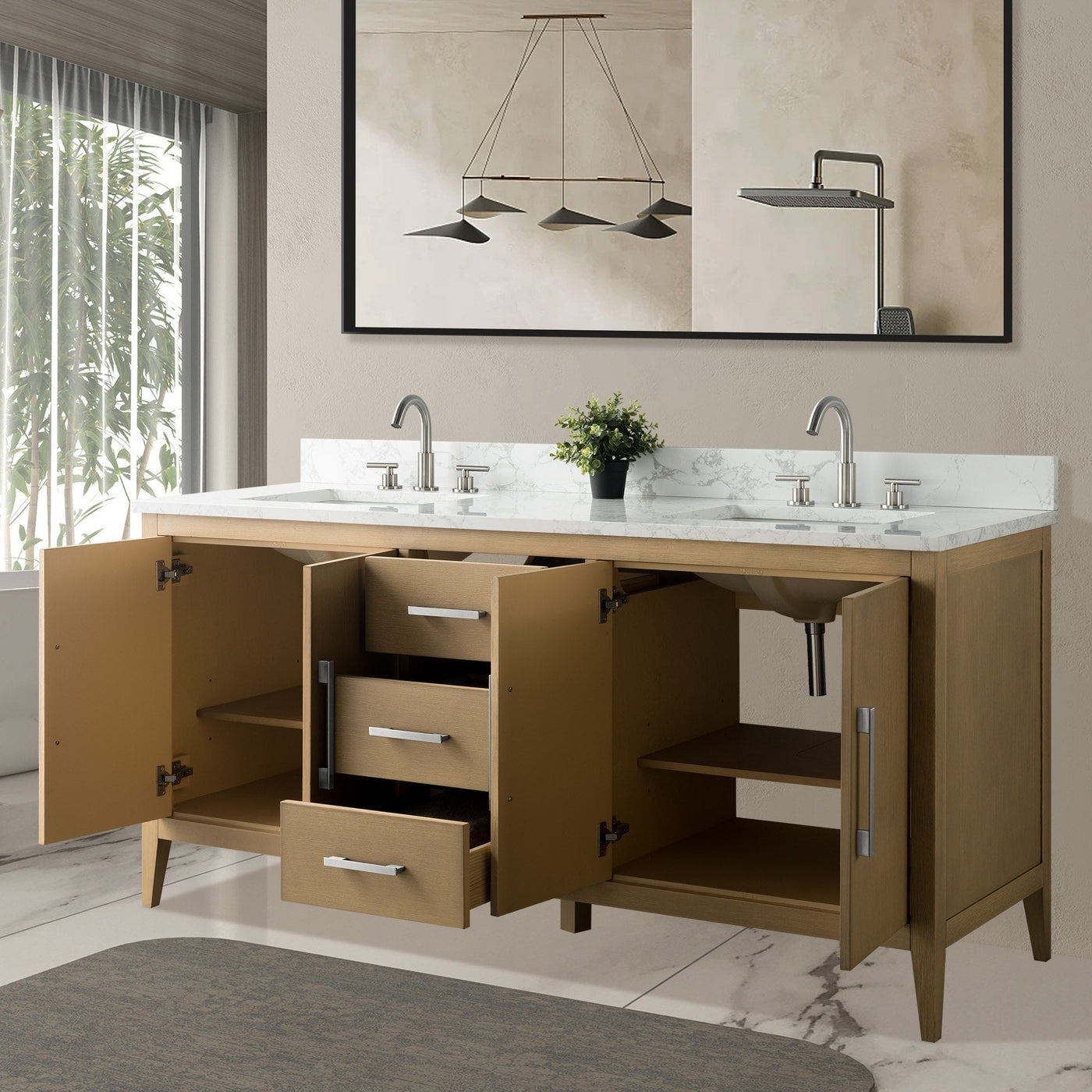 Meuble-lavabo double vasque Vanity Art 72 avec plateau en marbre reconstitué