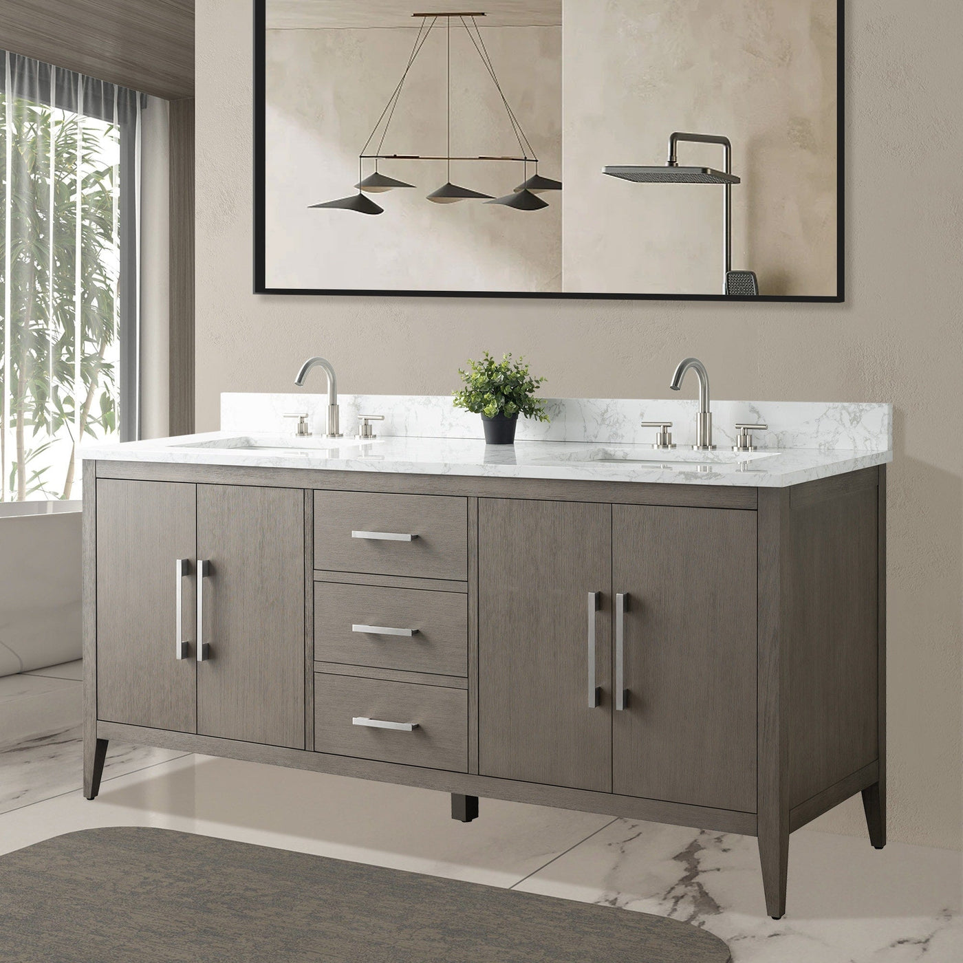Meuble-lavabo double vasque Vanity Art 72 avec plateau en marbre reconstitué