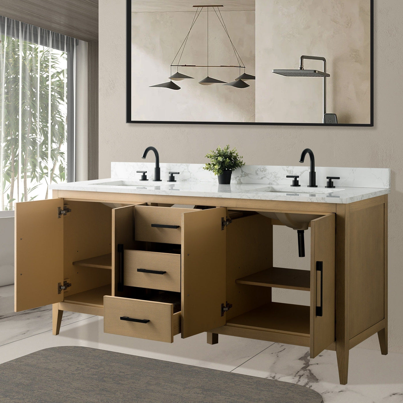 Meuble-lavabo double vasque Vanity Art 72 avec plateau en marbre reconstitué