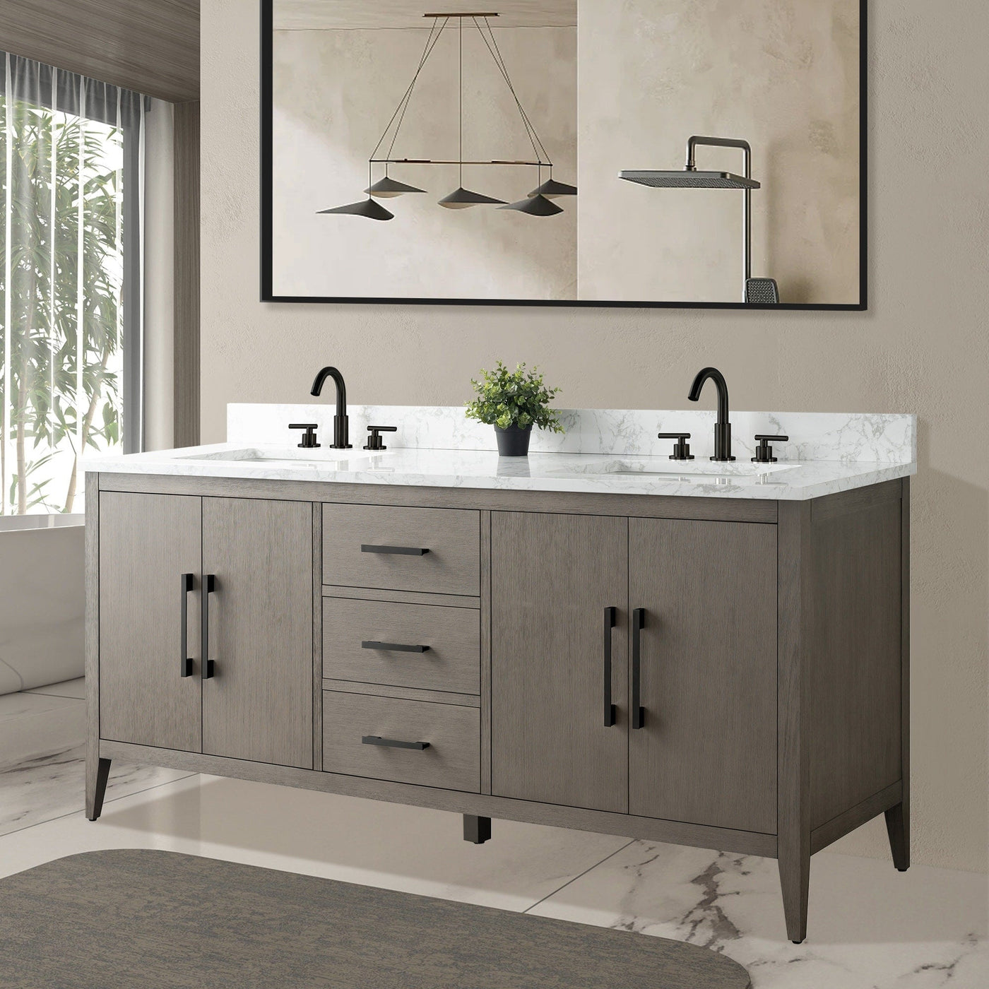 Meuble-lavabo double vasque Vanity Art 72 avec plateau en marbre reconstitué