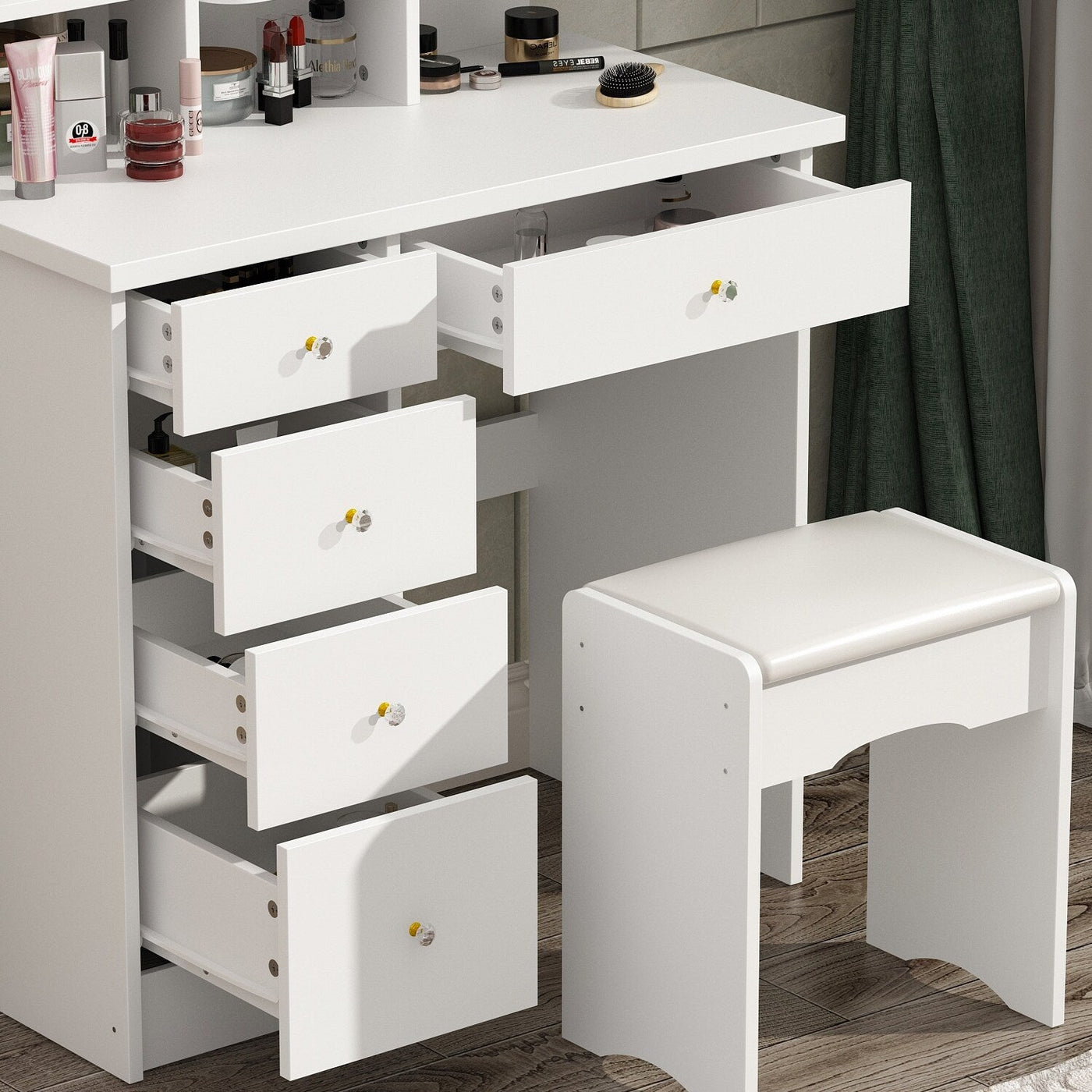 Ensemble de coiffeuse avec miroir et lampe, coiffeuse de maquillage avec tabouret