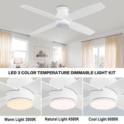 Ventilateur de plafond encastré WINGBO 44/52 pouces avec éclairage et télécommande, 4 pales réversibles