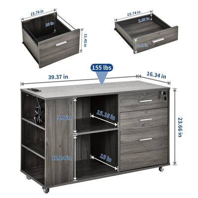 Classeur latéral mobile en bois avec station de charge verrouillable, compatible avec les dossiers de format A4, Lettre et Légal
