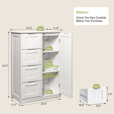 Meuble de rangement de salle de bain, meuble de rangement de sol autonome avec 4 tiroirs et étagère réglable