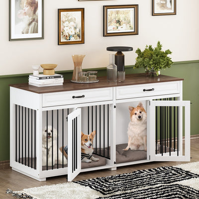 Cage double en bois pour chien avec 2 tiroirs et séparateur