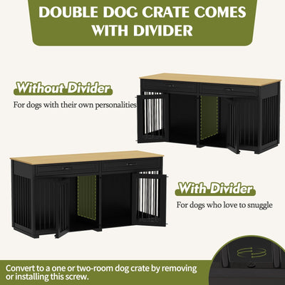 Cage double en bois pour chien avec 2 tiroirs et séparateur